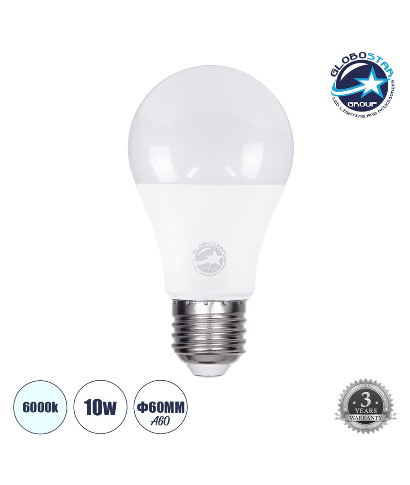 GLOBOSTAR® GLOBE 60027 Λάμπα E27 A60 LED 10W 1160lm 260° AC 220-240V IP20 Ψυχρό Λευκό 6000K - Lumileds SMD Chip - Λευκό Γαλακτερό - Μ6 x Π6 x Υ11cm - 3 Χρόνια Εγγύηση